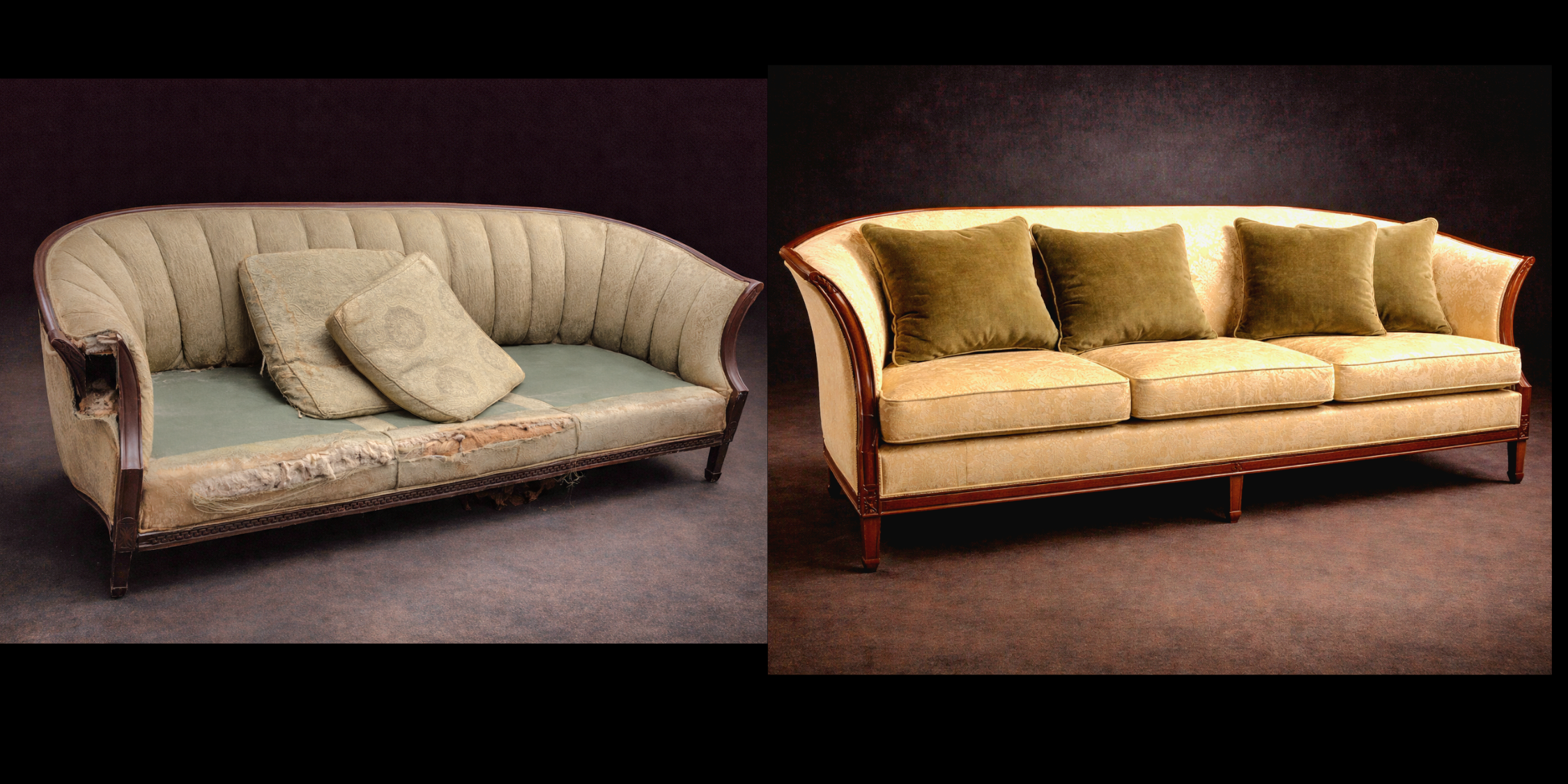 Before-and-after restoration of an antique carved sofa, from damaged upholstery to green velvet.