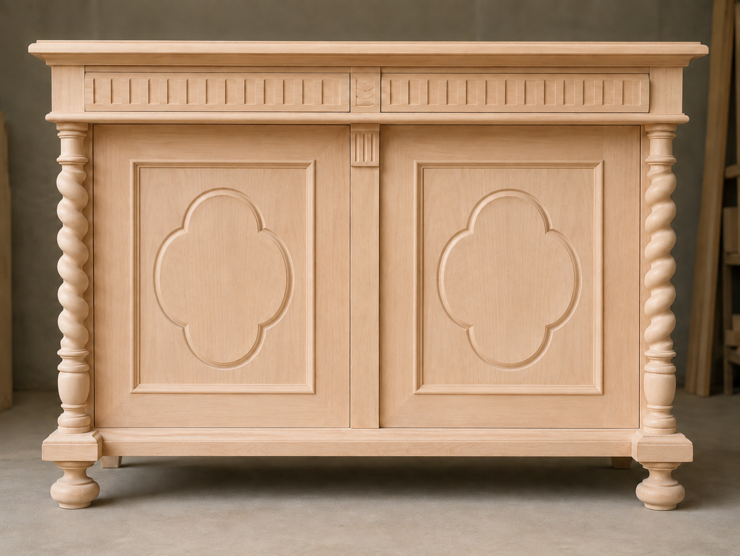 Newly built chest of drawers before aging, raw carpentry stage