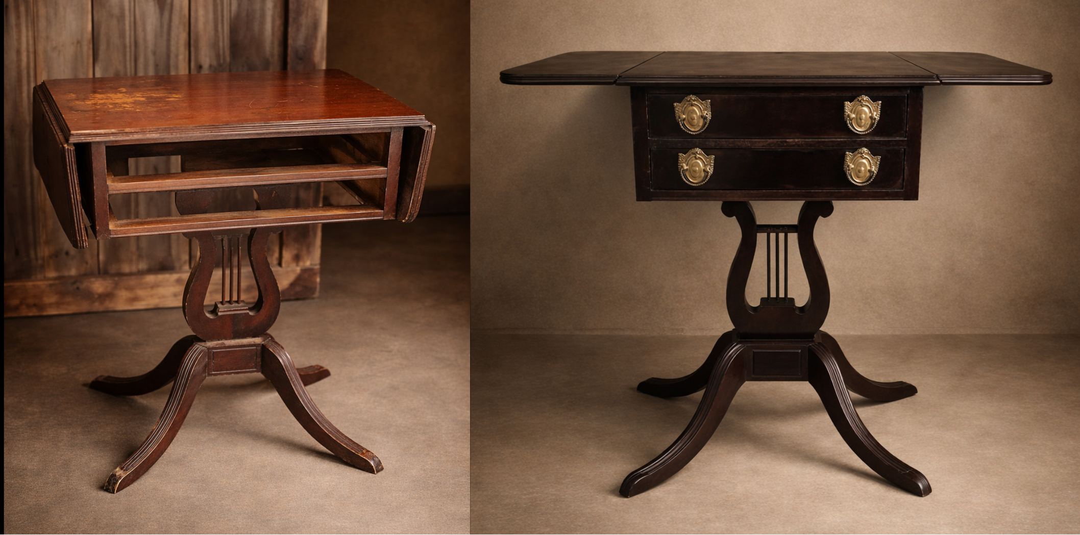 Antique sewing table before and after full restoration at RESTORIUM