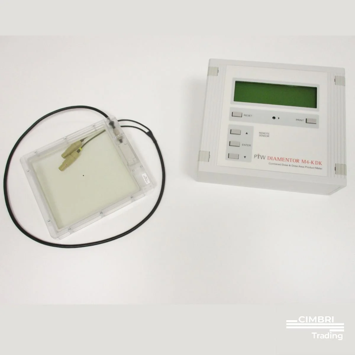 Medical device with a digital display and a connected sensor device, used for monitoring and measuring in healthcare settings.