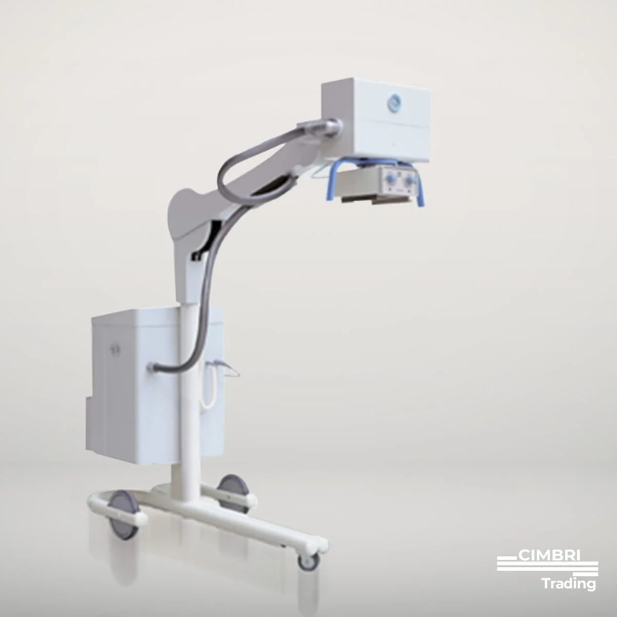 Medical imaging device on a mobile stand with wheels, featuring a flat panel and various cables attached, used for diagnostic purposes in healthcare.