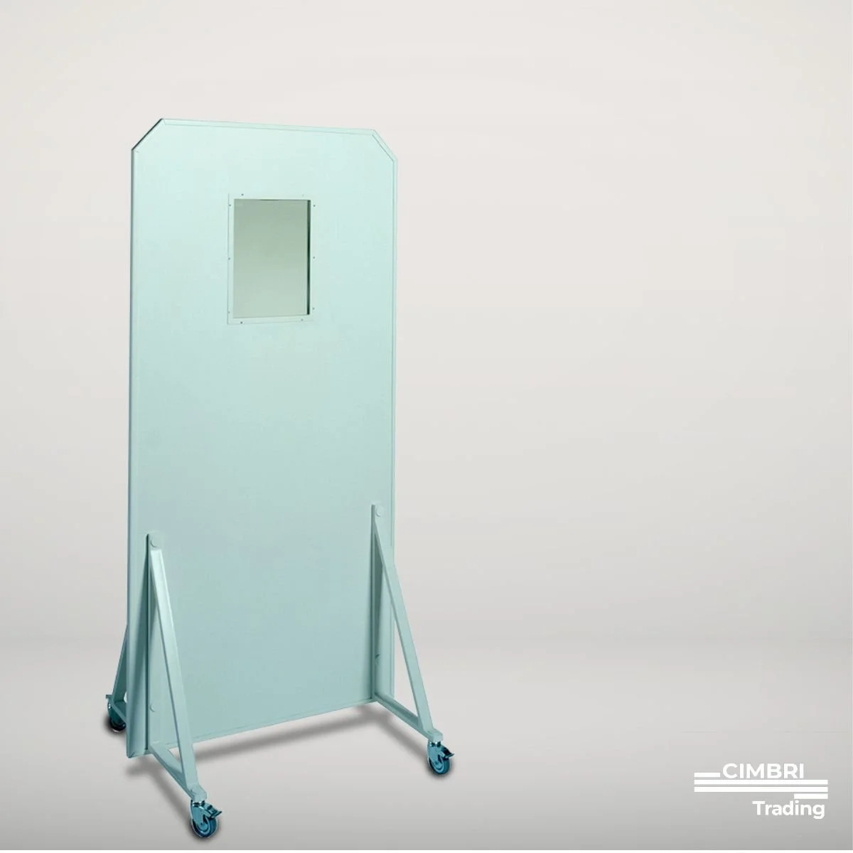Light blue mobile partition with a small window and caster wheels, branded Cimbri Trading.