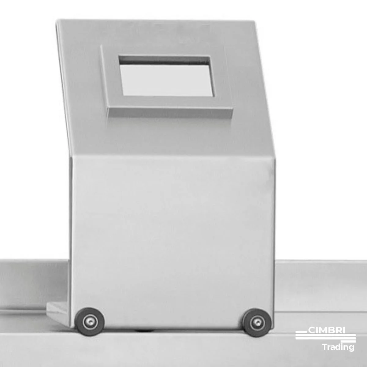 Gray automatic paper shredder on a white surface with wheels, branded by CIMBRI Trading.