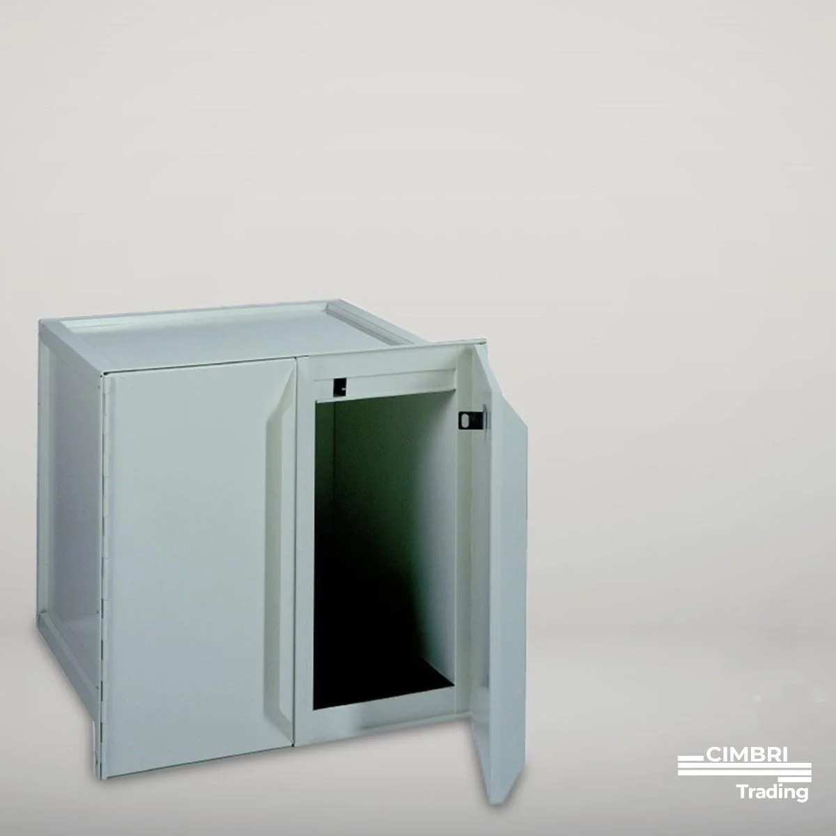 A white metal cabinet with a partially open door, positioned against a plain light gray background. The logo 'CIMBRI Trading' is in the bottom right corner.