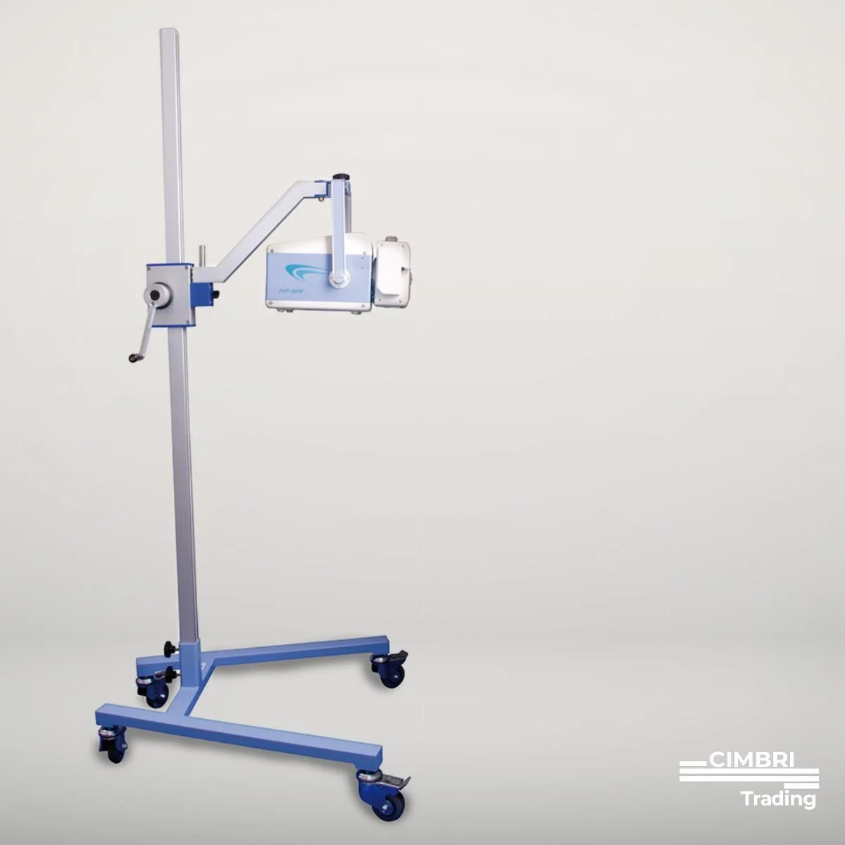 Medical surgical microscope on a blue mobile stand with wheels, positioned against a plain white background.