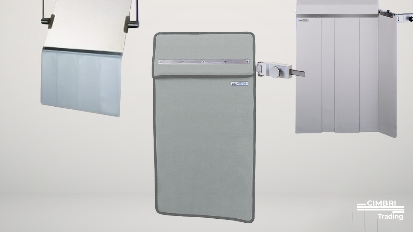 Three radiation shielding barriers with different configurations, including a leaded glass window, a foldable panel, and a fixed wall, used in radiation therapy rooms.
