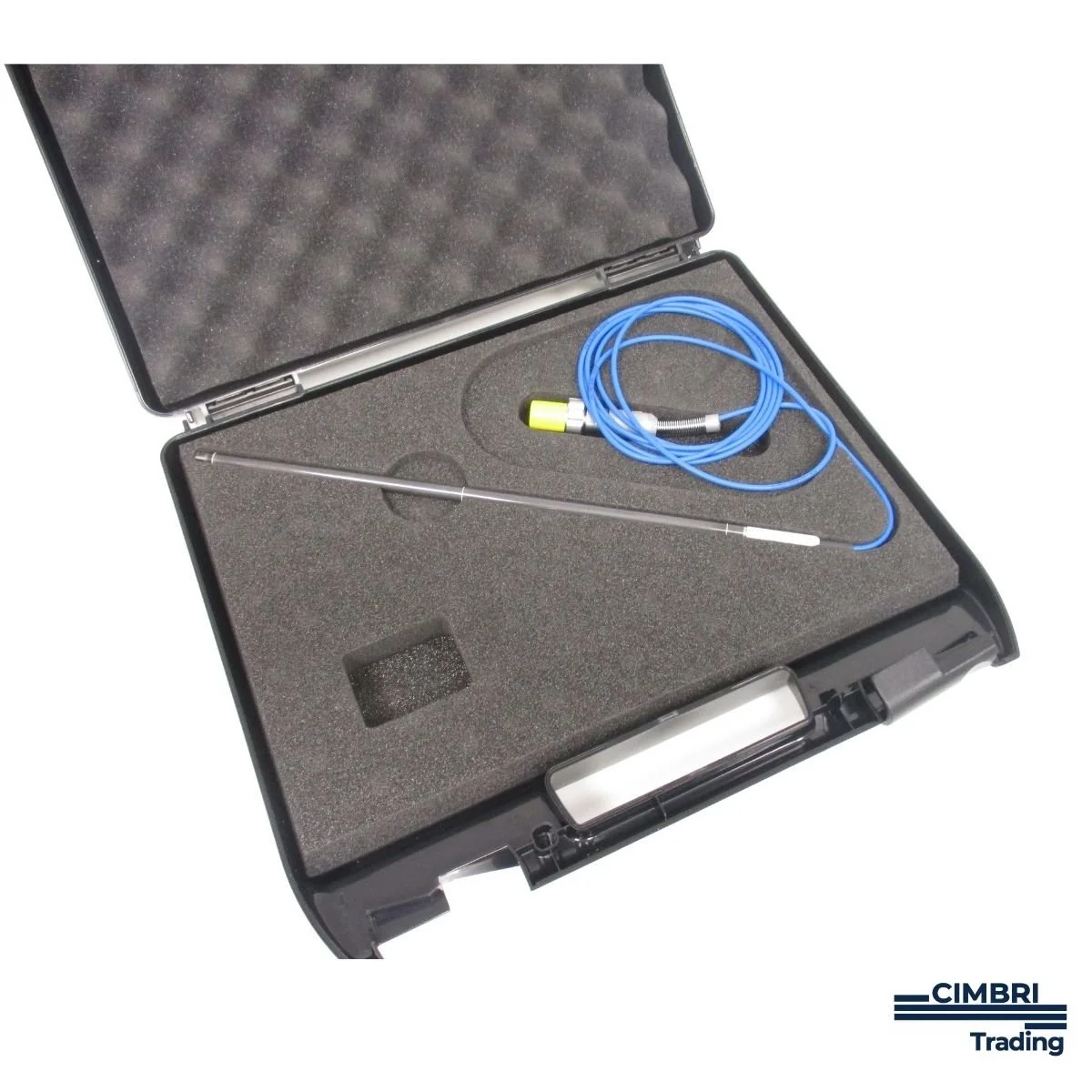 A black hard carrying case with foam padding inside, containing a long metal rod and a blue cable with a connector, used for medical or industrial measurement purposes, with a CIMBRI Trading logo in the bottom right corner.