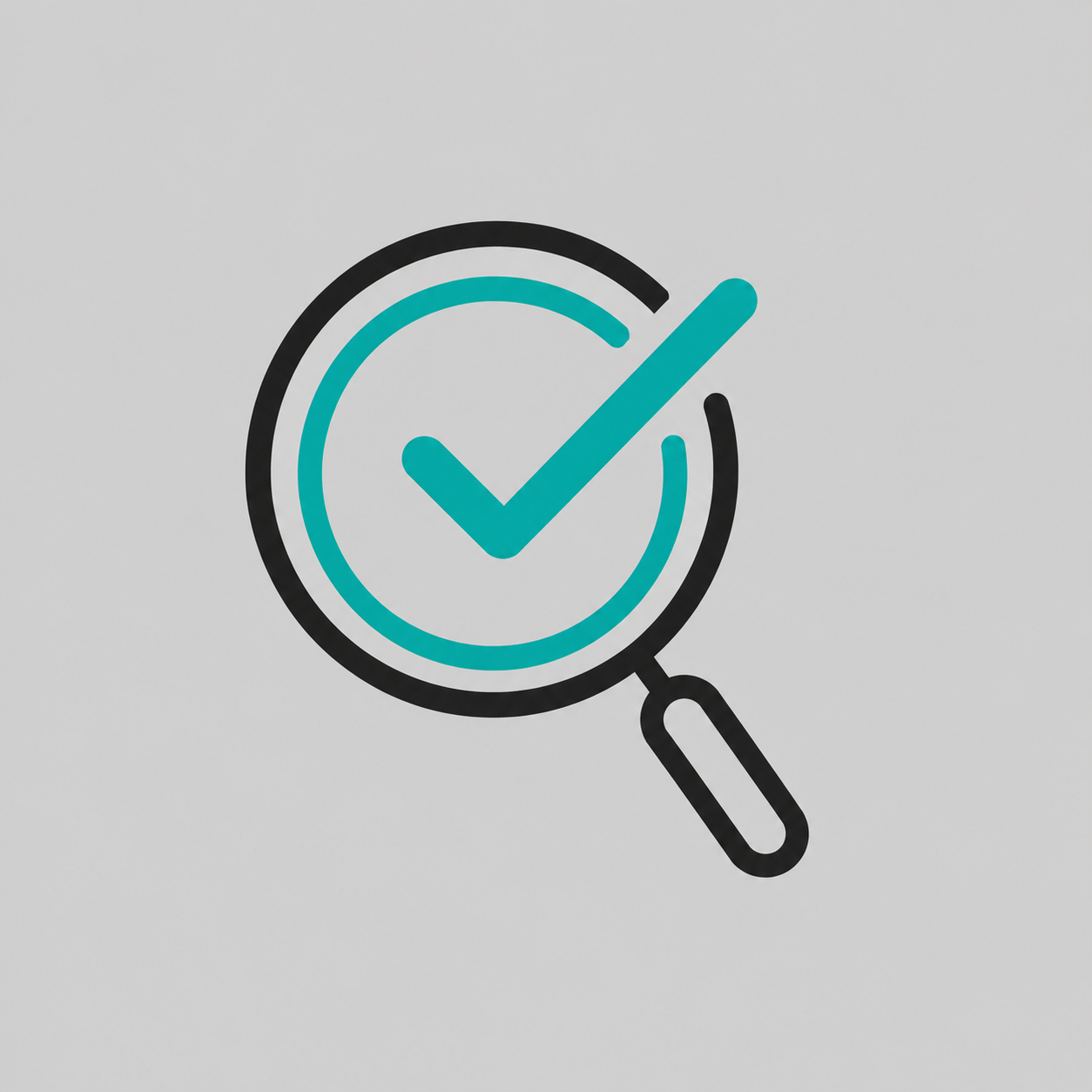 A magnifying glass with a black outline and handle, focusing on a check mark inside a circle, symbolizing inspection or verification.