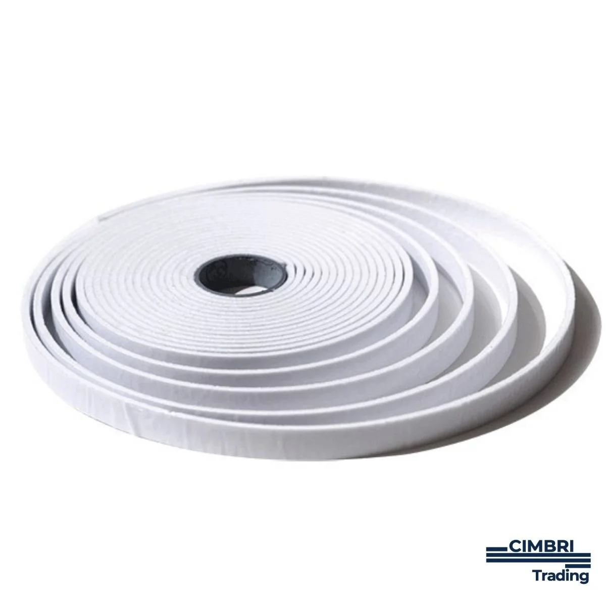 A coil of white adhesive or double-sided tape with black core in center, branded with Cimbri Trading logo.