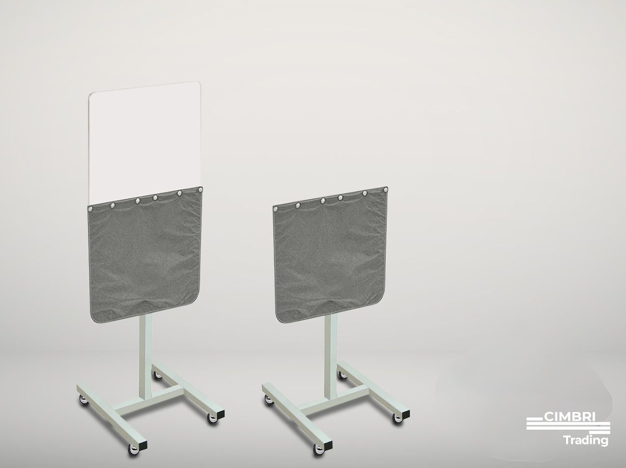 Two portable privacy screens with grey fabric attached to white wheeled stands, positioned on a light grey background.