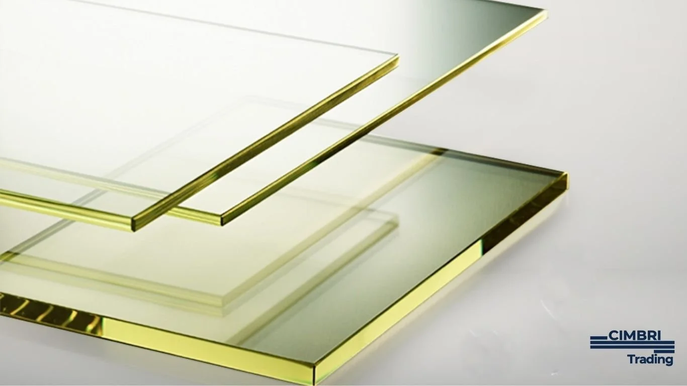 Multiple glass panels with gold-colored edges placed on a white surface, with the logo 'CIMBRI Trading' in the bottom right corner.