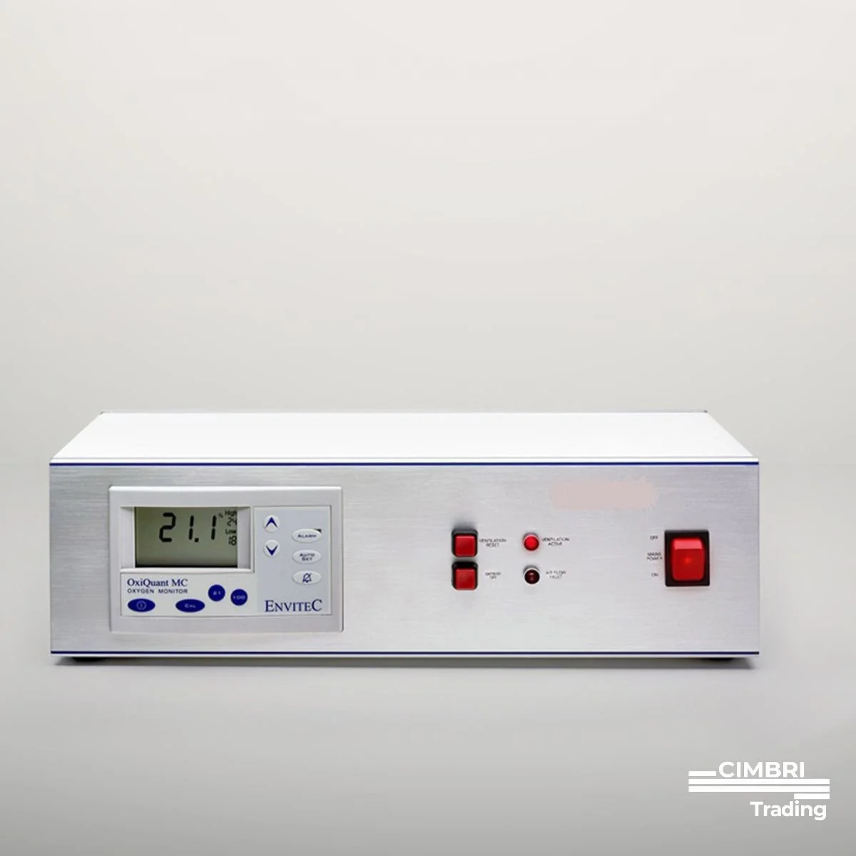 Medical oxygen concentrator device with a digital display showing 21.1% oxygen, buttons, and switches, placed on a plain white surface against a white background.