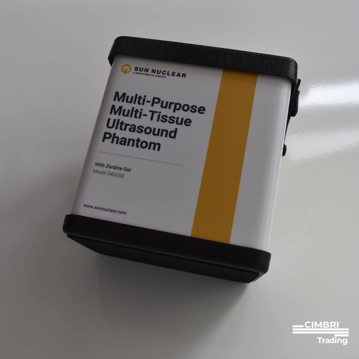 A medical device box labeled 'Multi-Purpose Multi-Tissue Ultrasound Phantom' by Sun Nuclear.