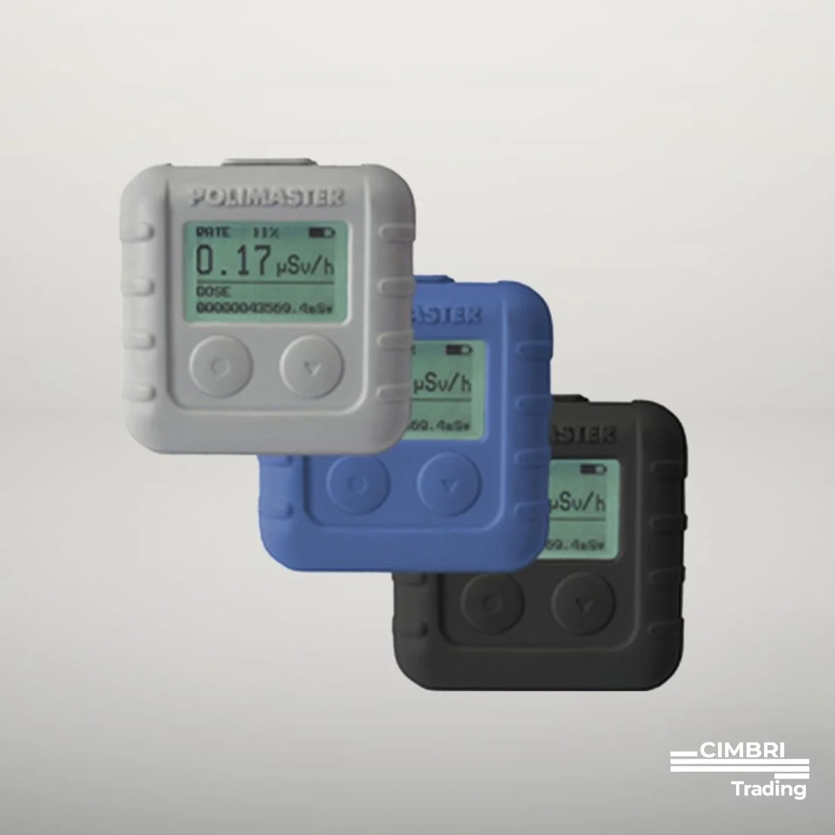 Three radiation dose detectors in different colors (white, blue, black) with digital displays showing radiation levels in microsieverts per hour.