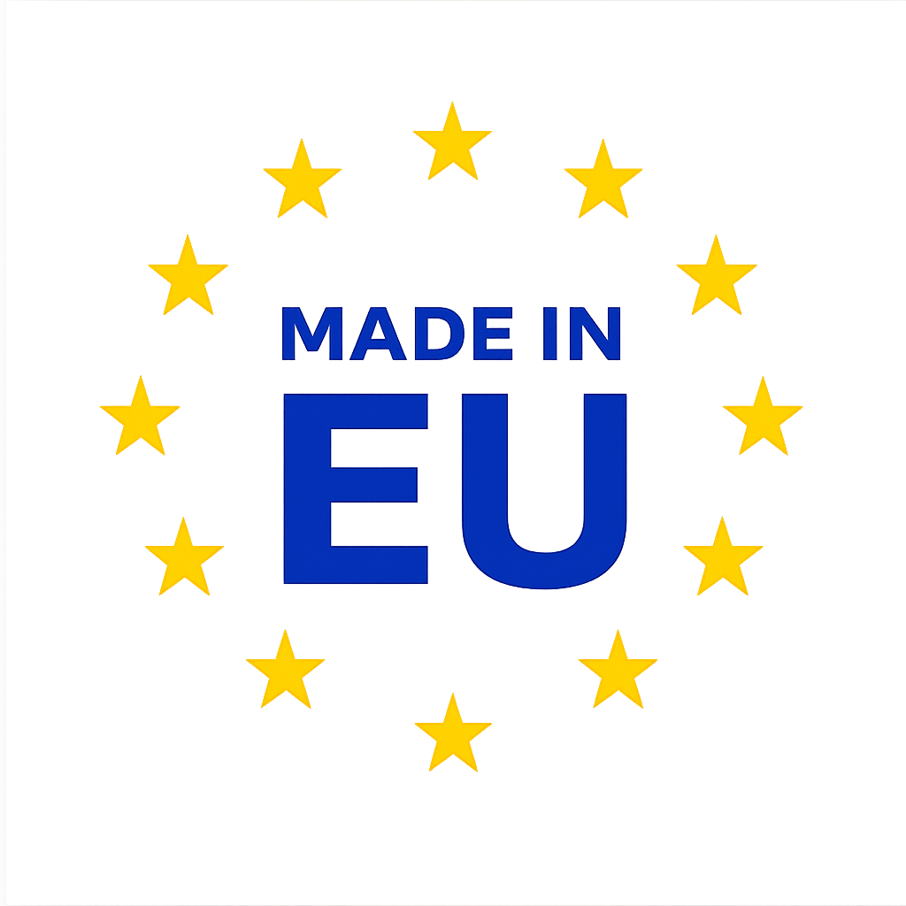A graphic design featuring yellow stars and the text "MADE IN EU" in blue, with a gray background.