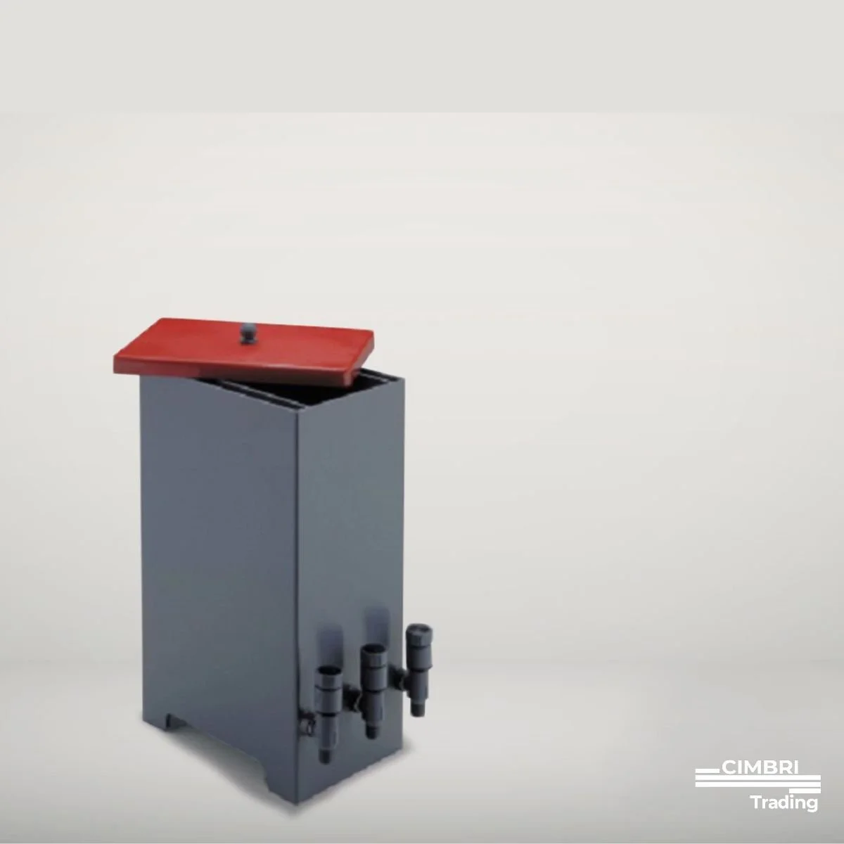 A gray industrial machine with three black nozzles at the bottom and a red lid on top, positioned against a plain white background.