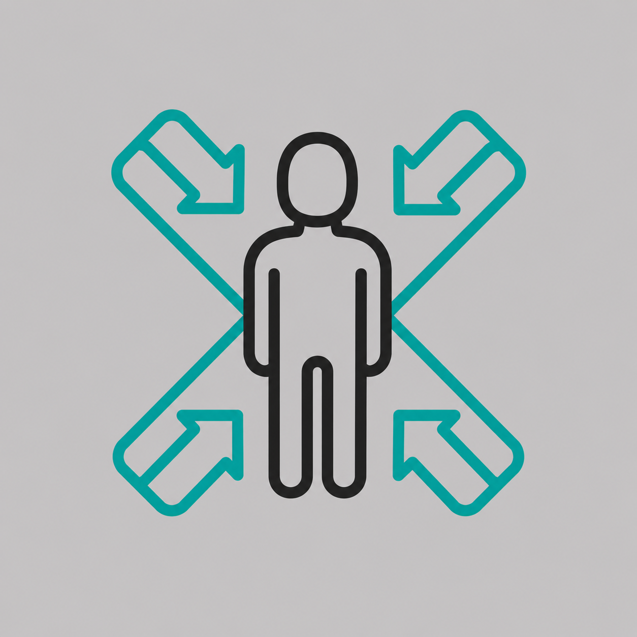 A black outline of a person surrounded by four teal arrows pointing towards the person from all directions.