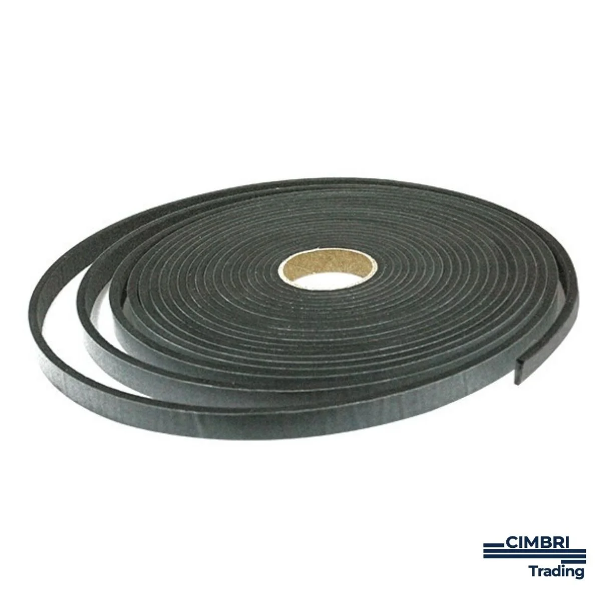 A roll of black adhesive weatherstrip tape on a white background with a CIMBRI Trading logo in the corner.