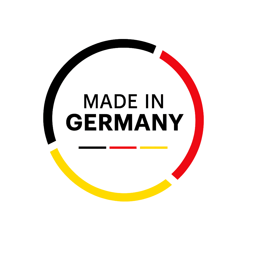 A circular badge with the German flag colors and the words 'Made in Germany' in the center.
