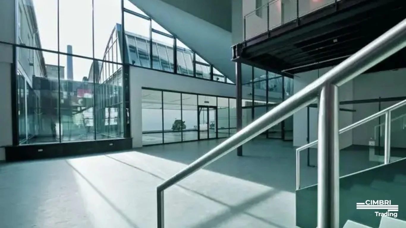 Interior of a modern building with glass walls, metal railings, and stairs, illuminated by sunlight.