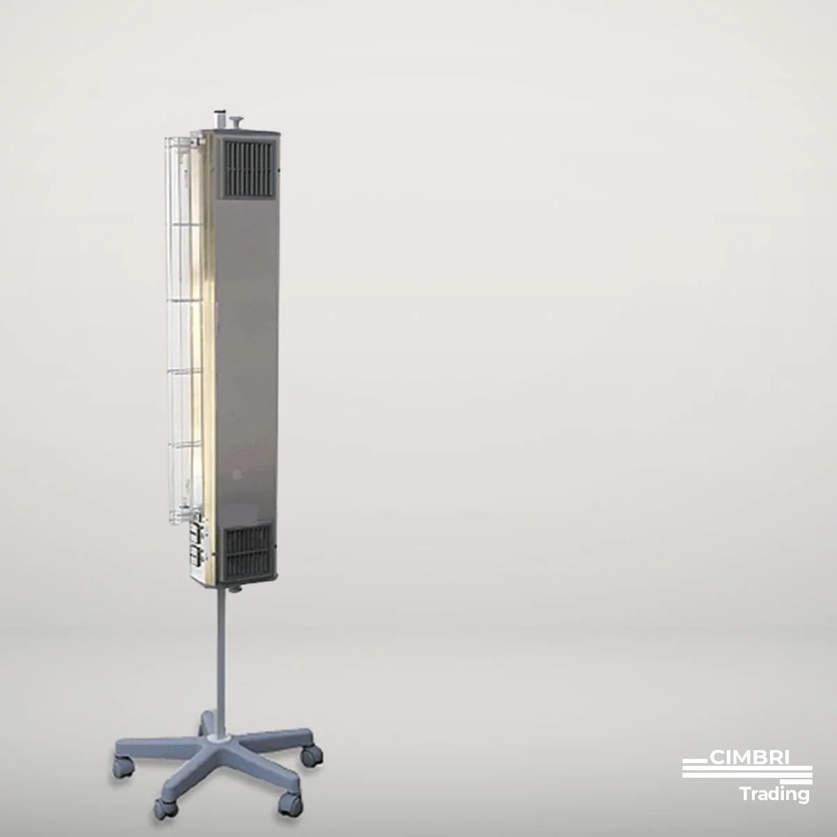 A vertical medical device on a wheeled stand, likely an ultraviolet germicidal sterilizer or similar equipment, with a gray and black color scheme, against a plain background. © CIMBRI Trading.