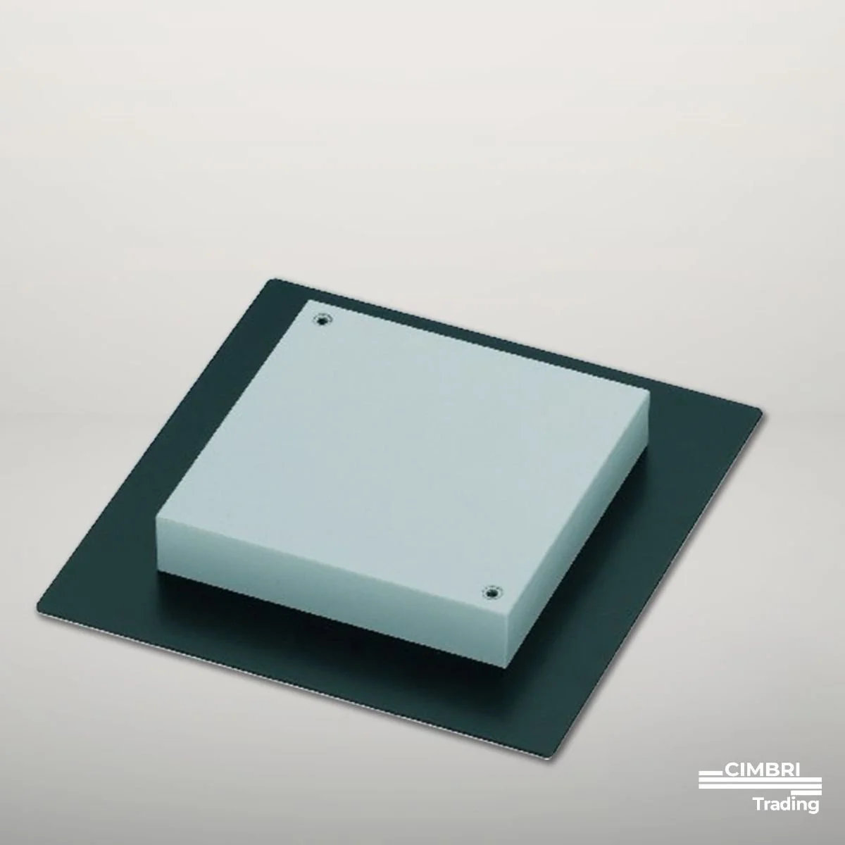 A white, cube-shaped device placed on a black square base with rounded corners, with the CIMBRI Trading logo in the bottom right corner.