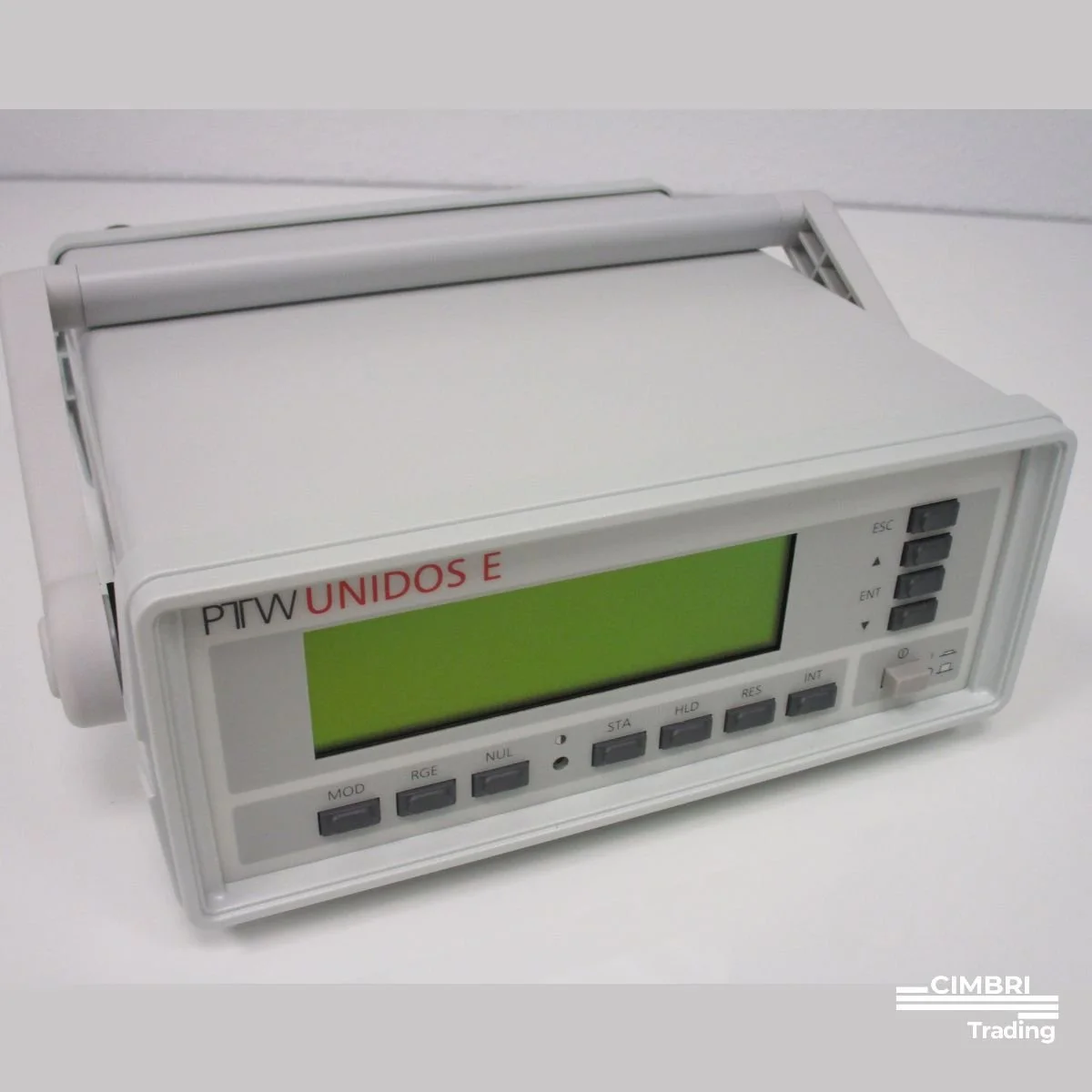 A medical monitor or control panel with buttons, a large display screen, and a white casing, used in healthcare settings.