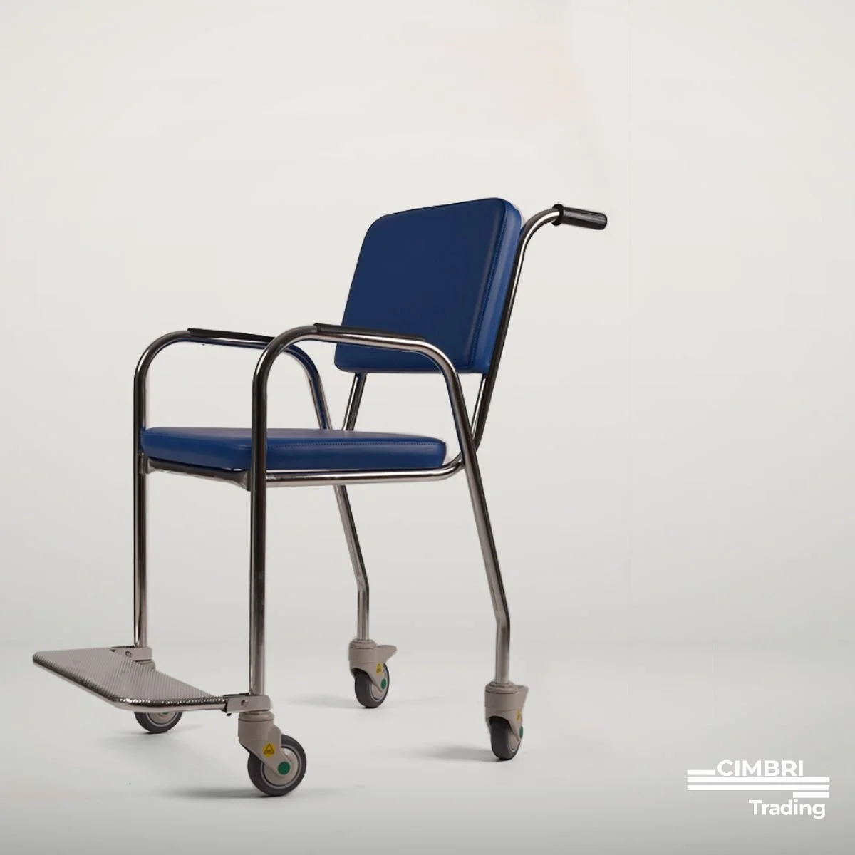 An empty blue and metal wheelchair with four wheels, set against a plain white background, with the 'CIMBRI Trading' logo in the bottom right corner.