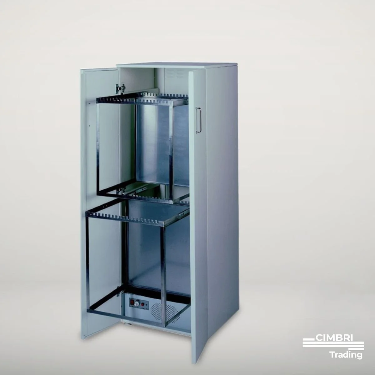 Empty metal storage cabinet with open door and adjustable shelves, some shelves are black, and some are silver, with a control panel at the bottom.