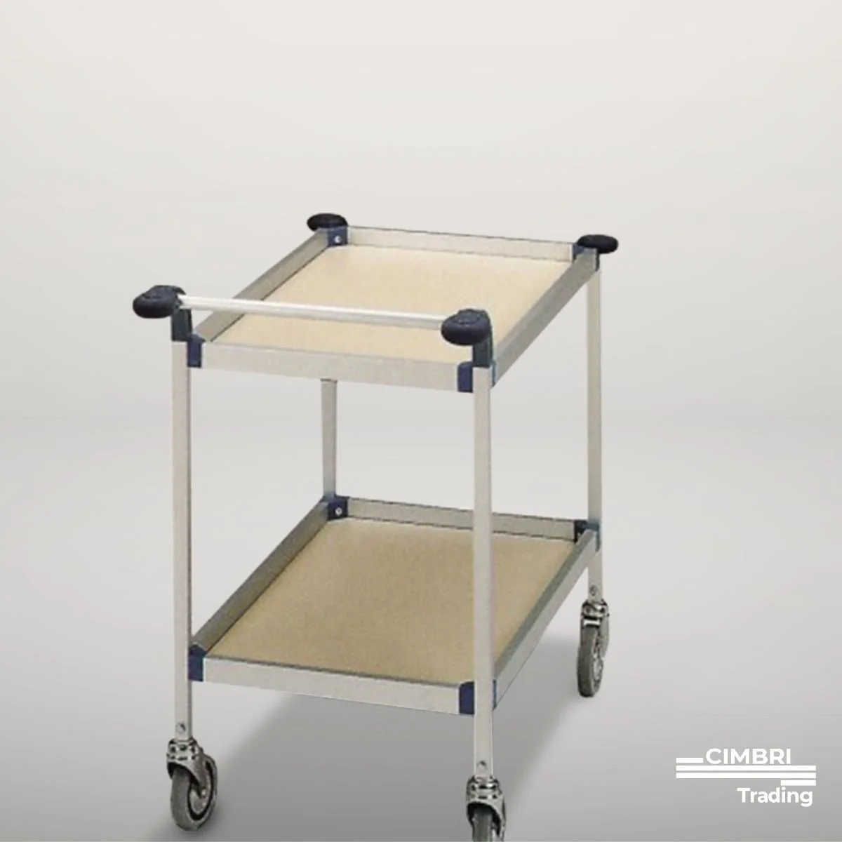 A metal rolling cart with wheels, two beige shelves, and black protective corners, set against a plain white background.