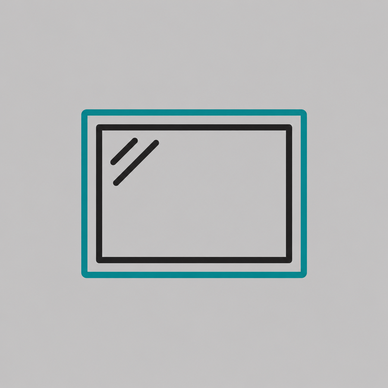 A minimalist illustration of a window with a reflection on the top left corner, surrounded by a blue and black outline.