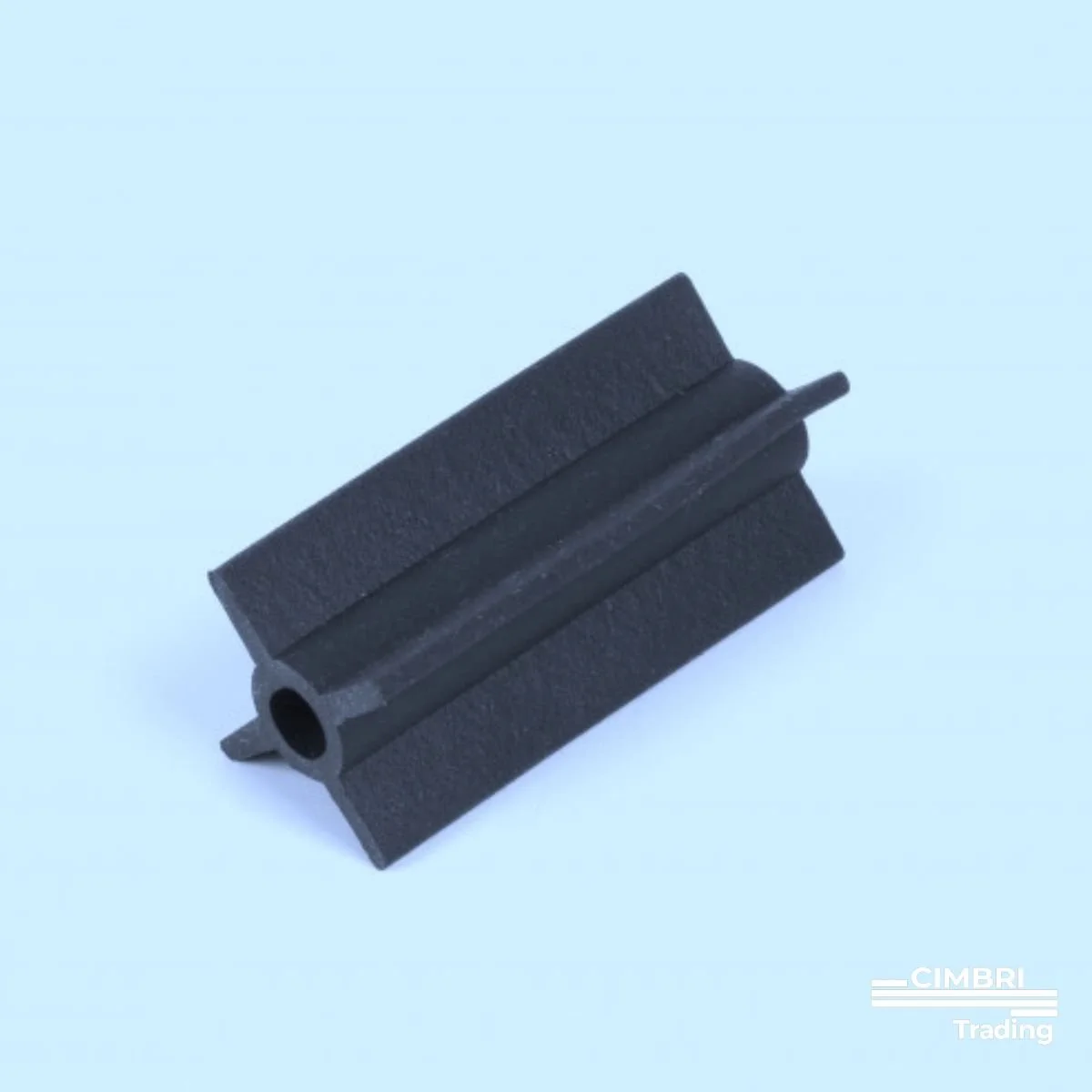 Close-up of a black industrial rail or track piece on a white background.