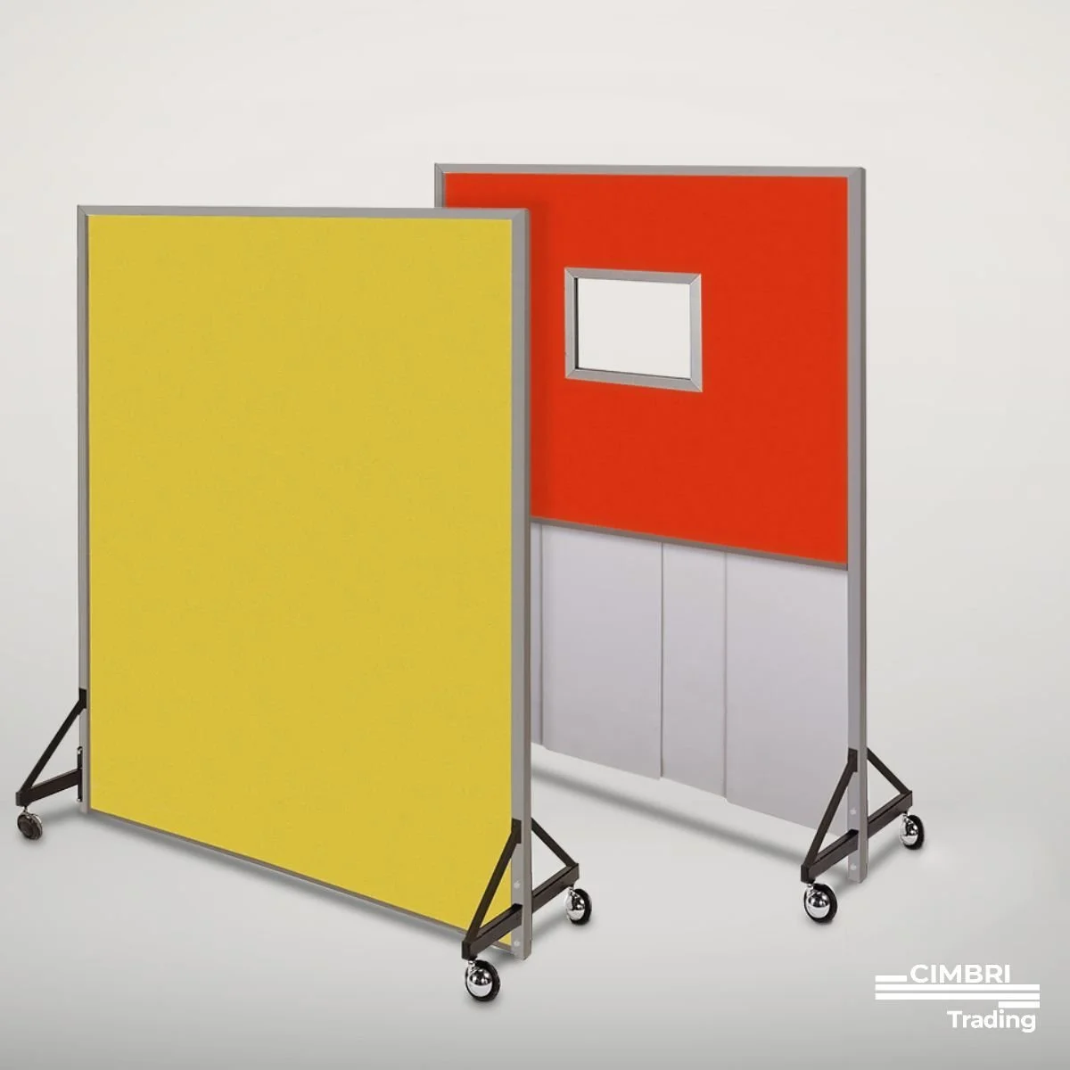 Two mobile presentation boards, one yellow and one red with a small whiteboard, on a white background.