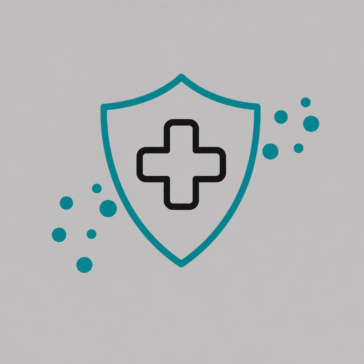 Outline of a shield with a medical cross inside, surrounded by blue bubbles to represent protection or healthcare.
