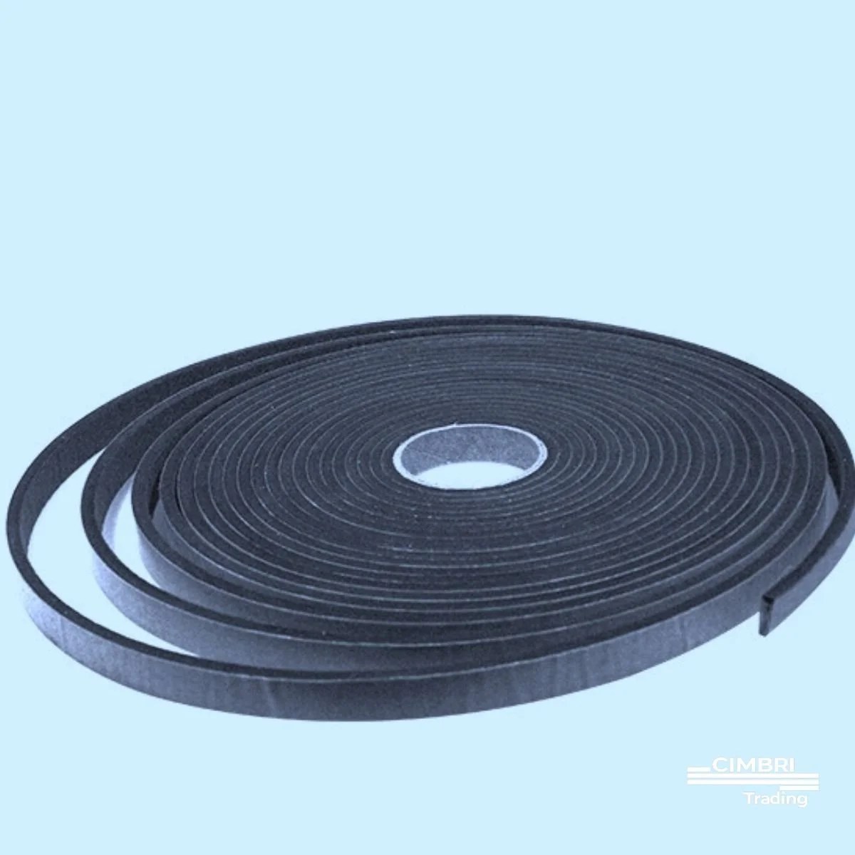 A roll of black foam weather sealing strip against a light blue background.