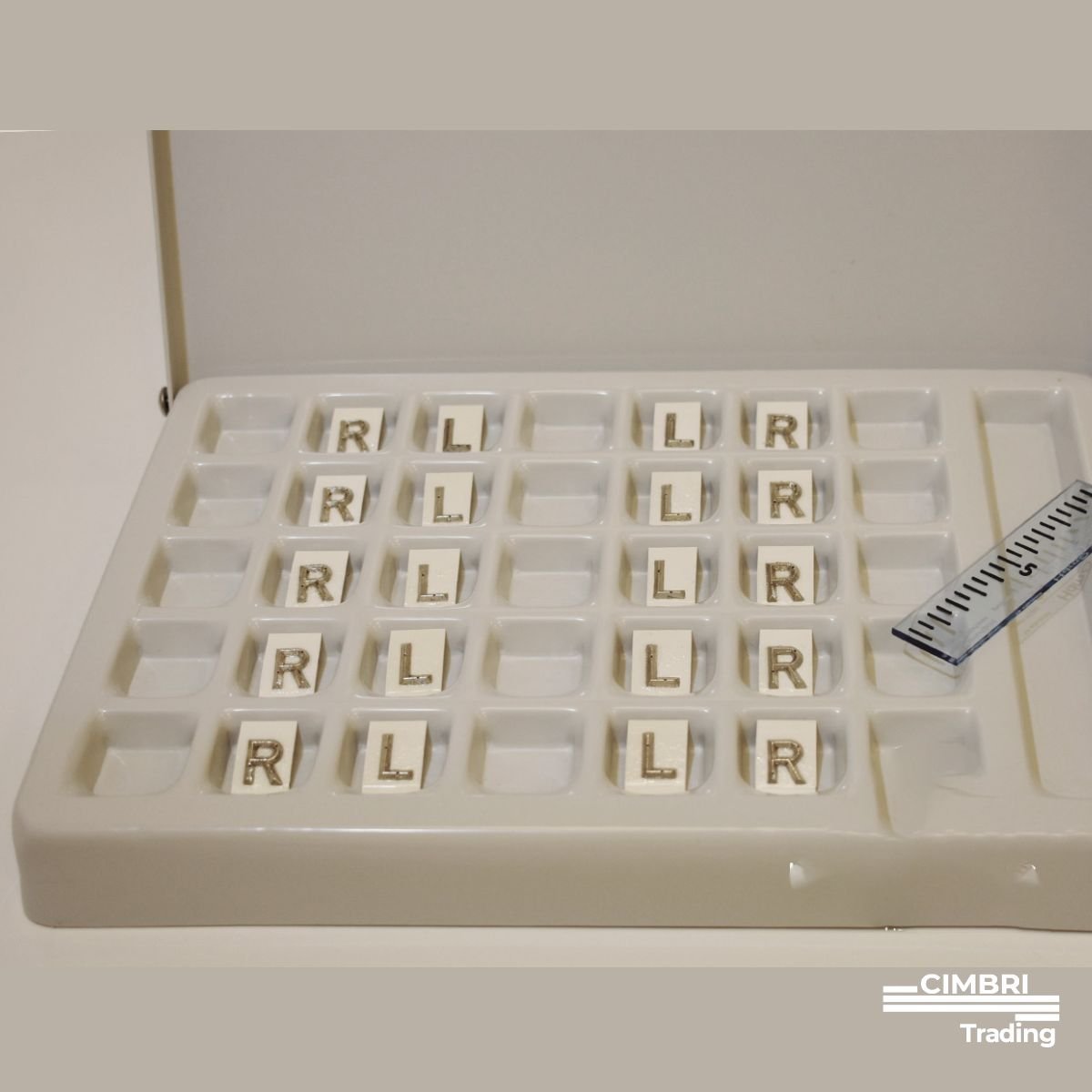 Scrabble letter tiles spelling out 'R L R L R L R L R L R L R' on a white tray with a ruler on the side.