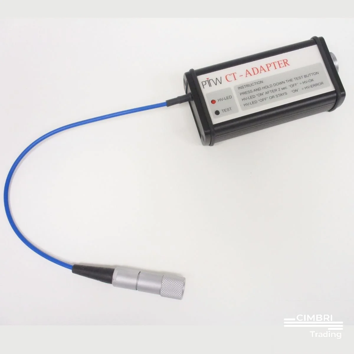 A portable CT adapter device with a blue cable and a silver connector, used for testing high-voltage electrical equipment.