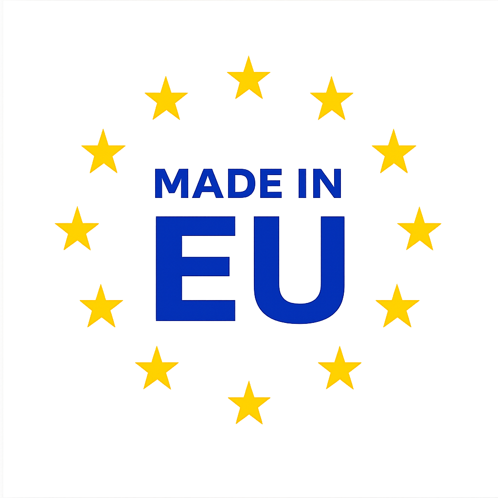 Glow-in-the-dark sign with the text 'Made in EU' surrounded by yellow stars.