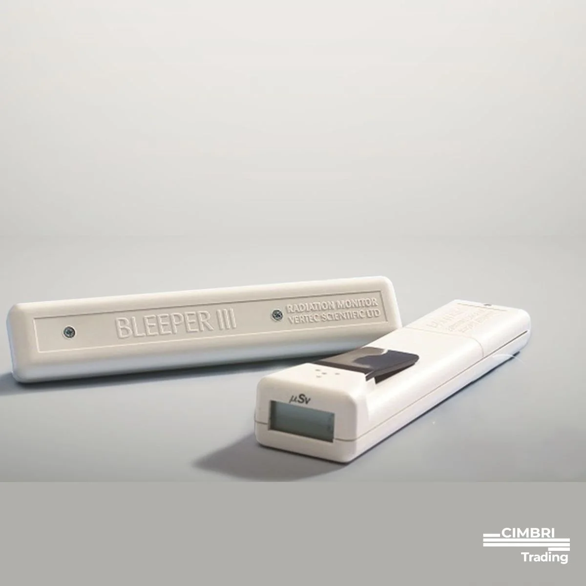 A radiation monitoring device labeled 'Bleeper III' by Vertic Scientific Ltd, with a removable sensor probe, on a plain surface.