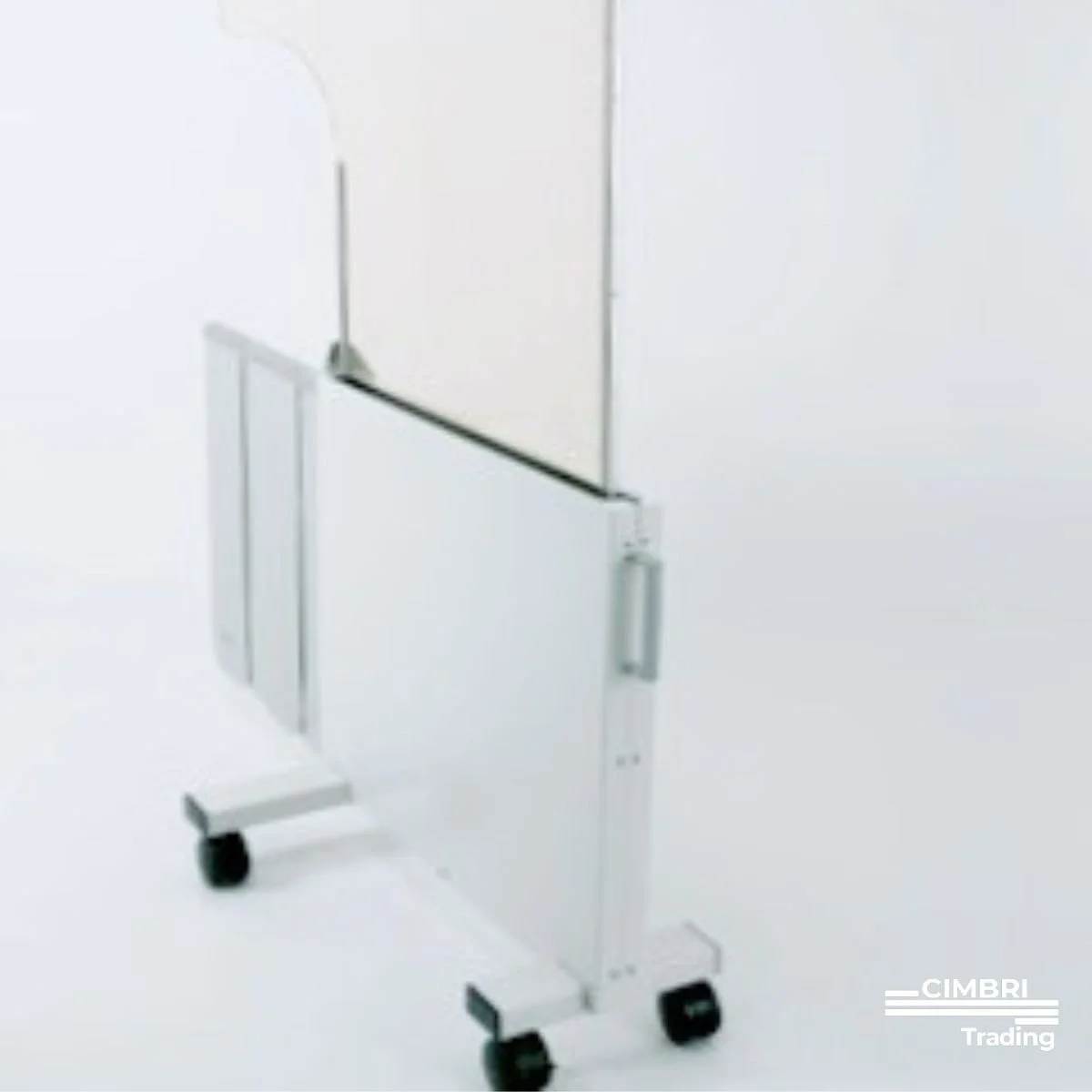 Mobile whiteboard with a metal frame and wheels.