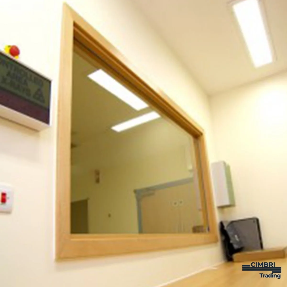 View of an office reception area with a window looking into a room, a black telephone on the desk, a wall-mounted device, and ceiling lights.
