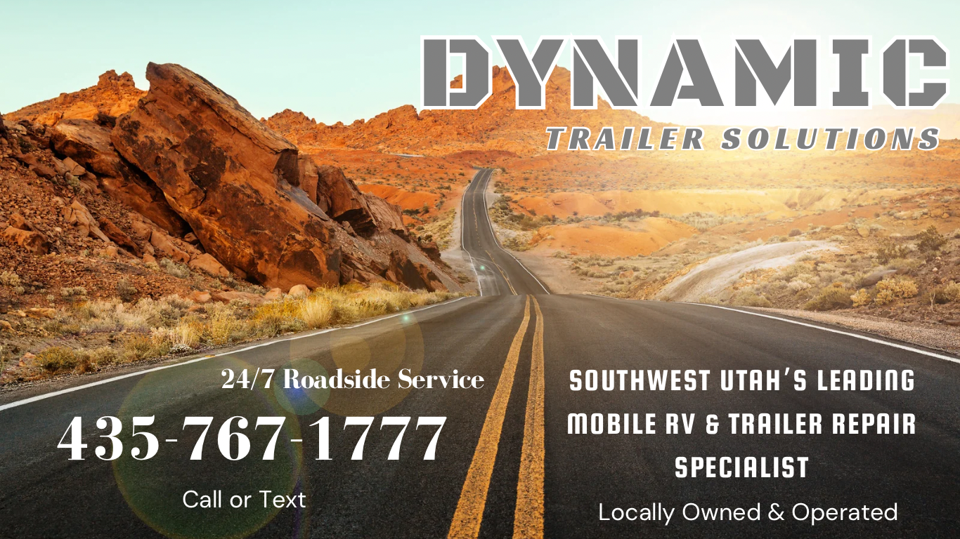 Desert landscape with a road leading towards rocky hills under a clear sky, featuring text overlay advertising trailer solutions and roadside service with phone number, emphasizing Southwest Utah reelative services.