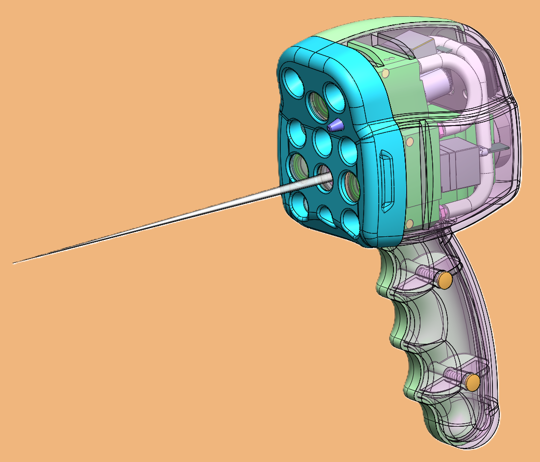 A CAD model of a hand held surgical device with the laser optical path shown for illustration.