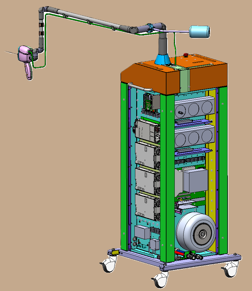 A populated CAD model of a surgical equipment that includes a robotic arm on top, mounted on a wheeled cart. The machine contains multiple internal components such as circuit boards, drives, and electronic modules.