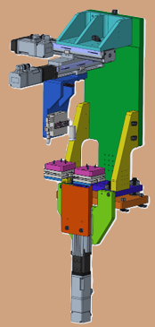 A detailed diagram of a robotic arm with multiple components, including a blue and green main structure, yellow arms, purple modules, and various mechanical parts.