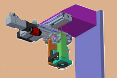 A mechanical assembly with a gray robotic arm, a purple background, and various components including a green element and a purple box.