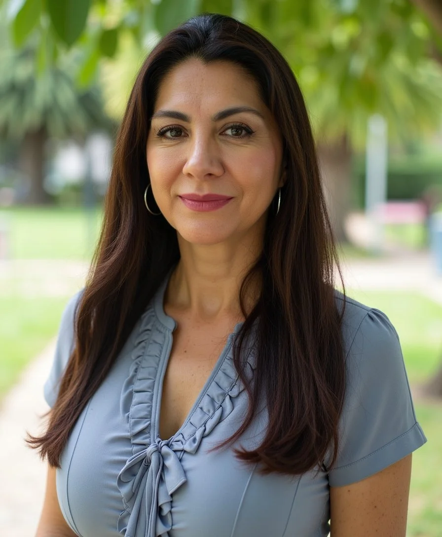 A woman with long dark brown hair, hoop earrings, and a light blue blouse standing outdoors with a blurred background of trees and grass.