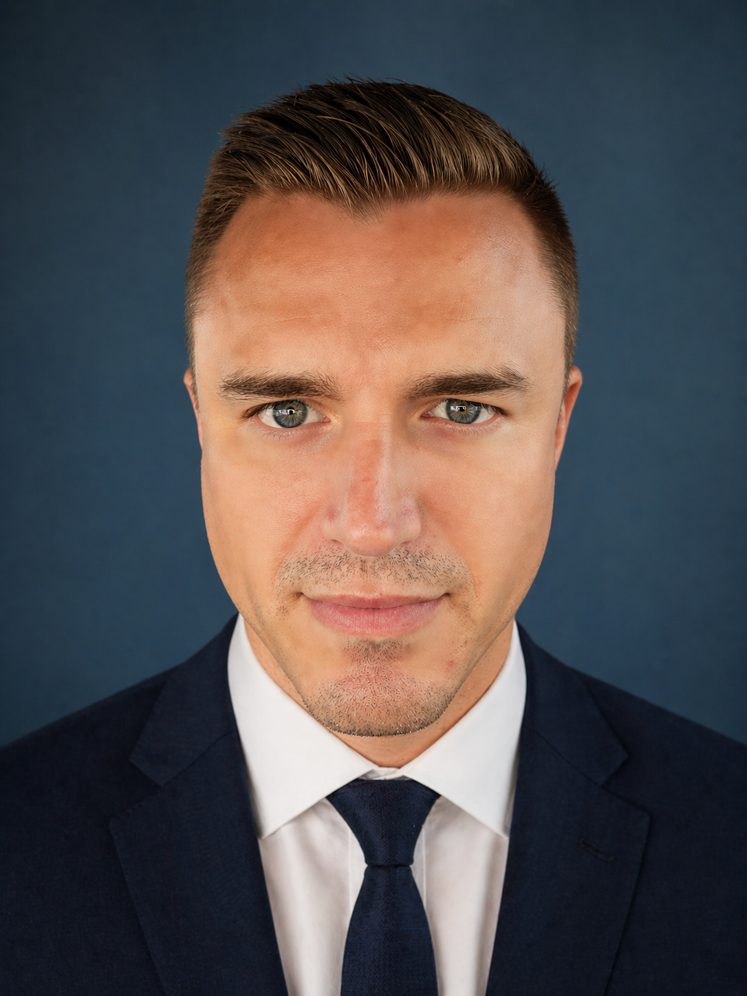 A man in a dark suit and tie with short, styled hair and blue eyes against a dark blue background.