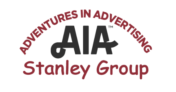 A logo featuring the text 'AIA' in bold black, with 'Adventures in Advertising' curved above in red, and 'Stanley Group' written below in red cursive.
