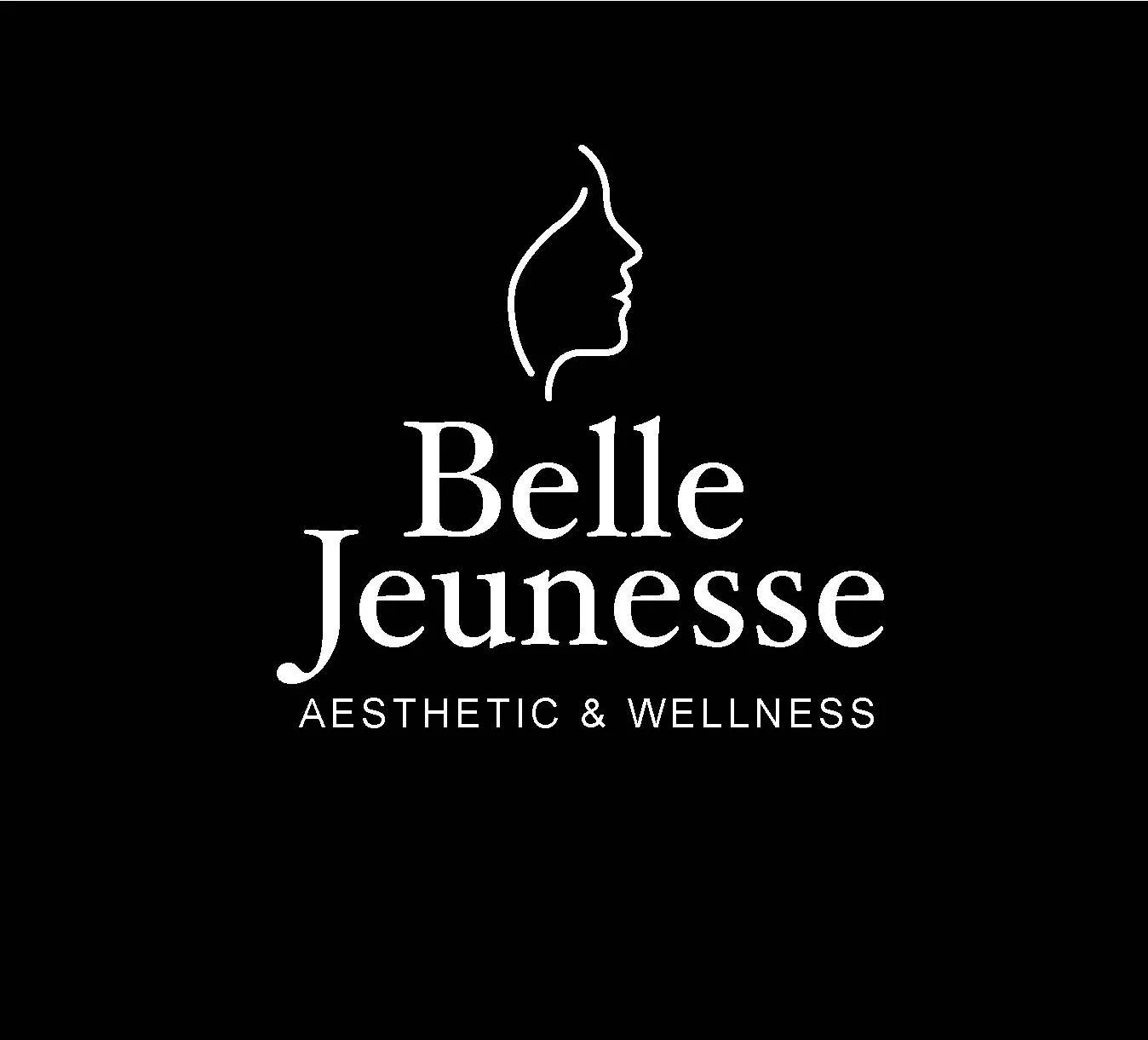 Black background with a minimalist white outline of a woman's face. Text reads 'Belle Jeunesse' with smaller text 'Aesthetic & Wellness' beneath.
